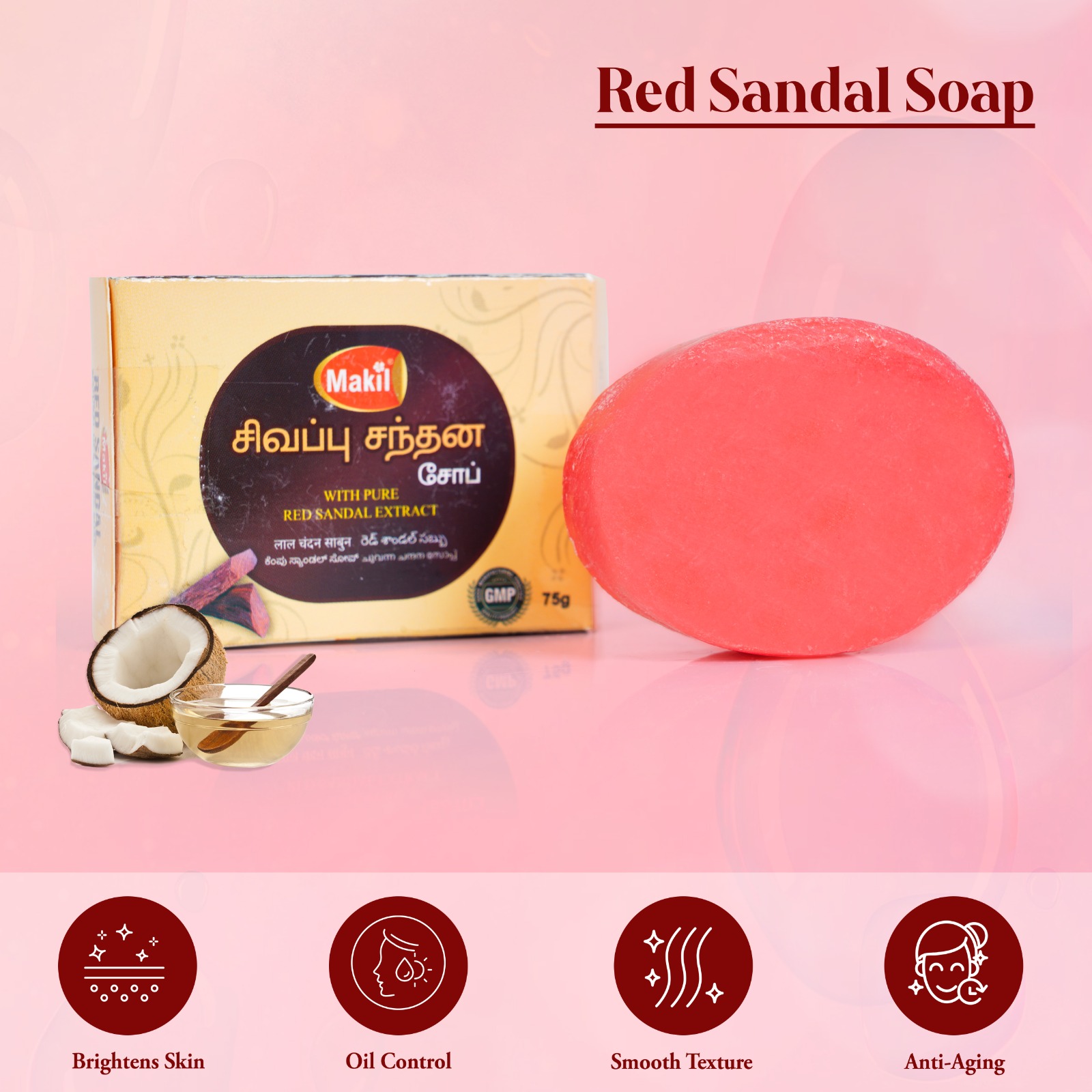 MAHIL Red Sandal Handmade Herbal Bath Soap - 75g - Image 3